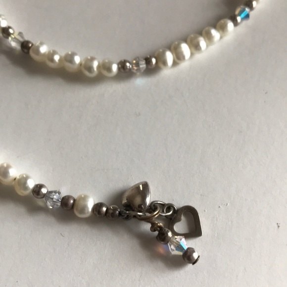 VTG Handmade Pearl Lariat Necklace Swarovski Crystal Sterling Silver Hearts 24 - Picture 7 of 8